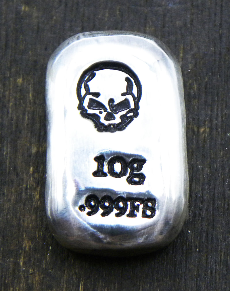 10g Hand Poured Fine Silver Bar .999 - Angry Skull