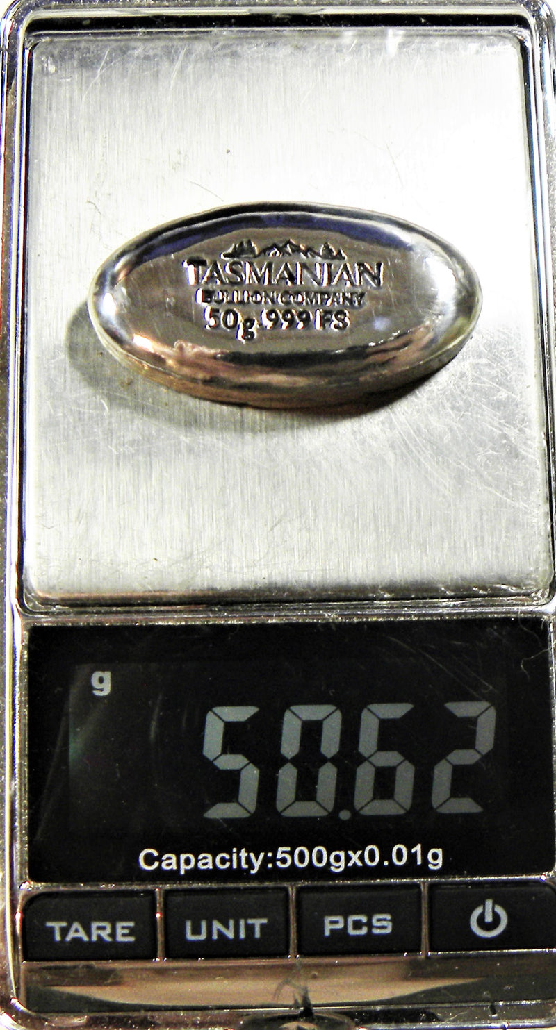 50g Hand Poured Fine Silver Bar .999 - Oval